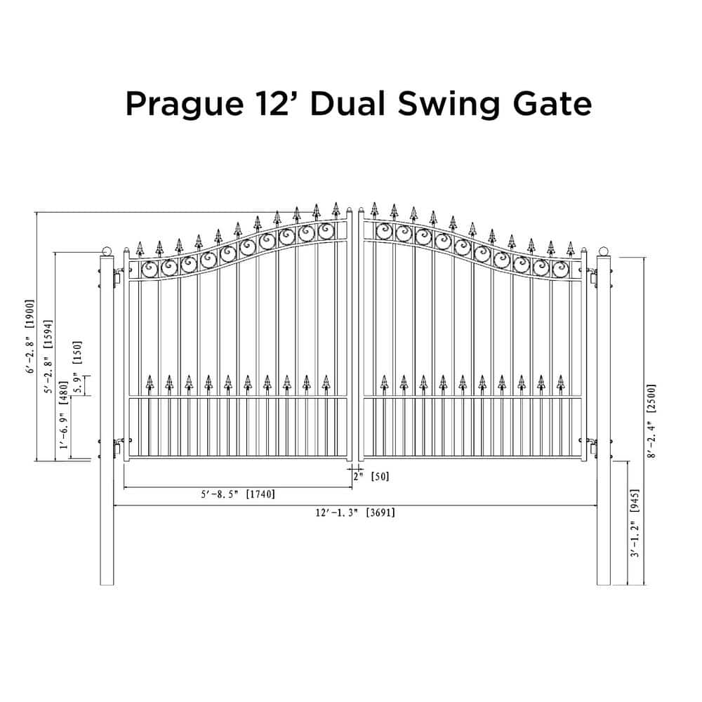 ALEKO Prague Style 12 ft. x 6 ft. Black Steel Dual Swing Driveway Fence Gate