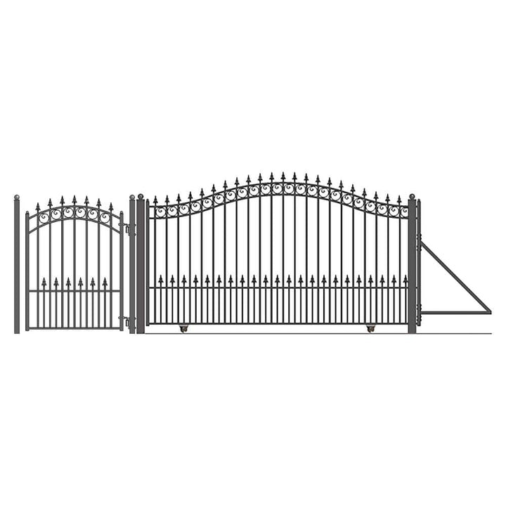 ALEKO 17 ft. x 6 ft. x 12 ft. Black Steel Single Sliding Driveway Gate Prague Style with Pedestrian Gate 5 ft. Fence Gate