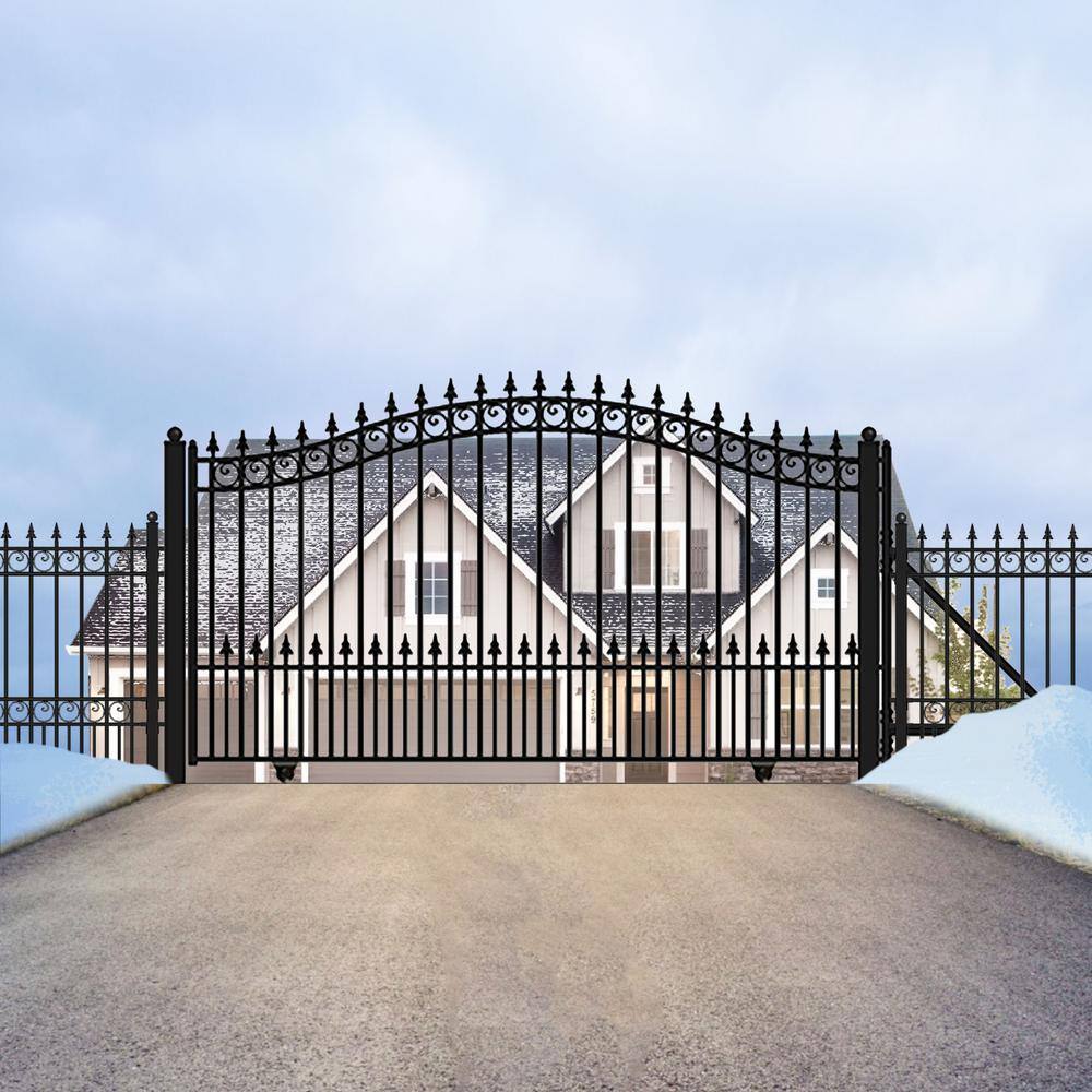 ALEKO 17 ft. x 6 ft. x 12 ft. Black Steel Single Sliding Driveway Gate Prague Style with Pedestrian Gate 5 ft. Fence Gate
