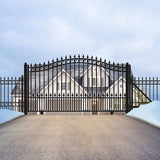 ALEKO 17 ft. x 6 ft. x 12 ft. Black Steel Single Sliding Driveway Gate Prague Style with Pedestrian Gate 5 ft. Fence Gate