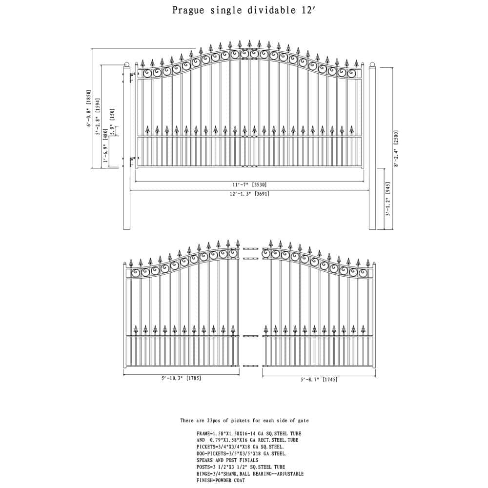 ALEKO Prague Style 12 ft. x 6 ft. Black Steel Single Swing Driveway Fence Gate