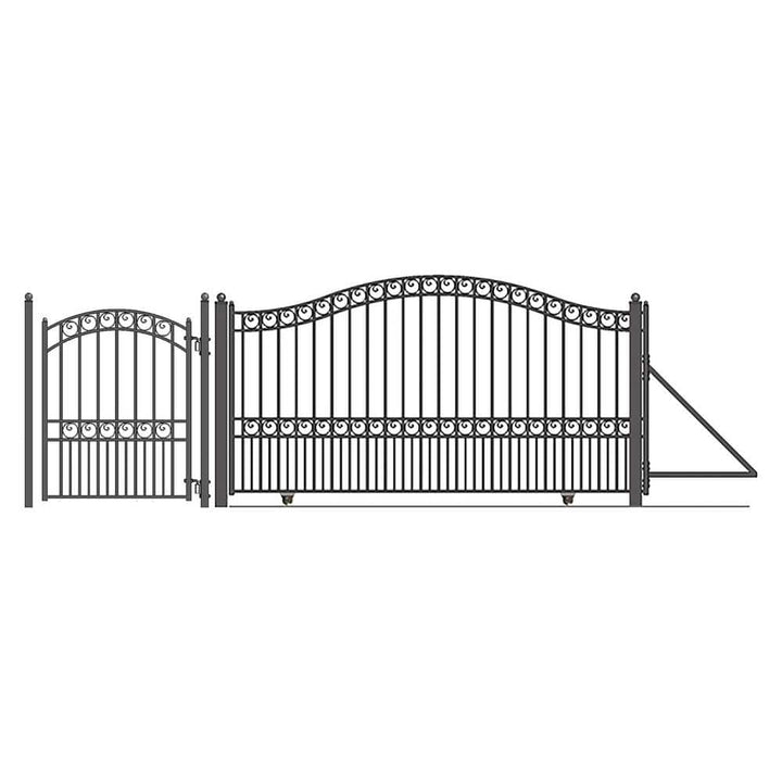 ALEKO 19 ft. x 6 ft. x 14 ft. Black Steel Single Sliding Driveway Gate Paris Style with Pedestrian Gate 5 ft. Fence Gate