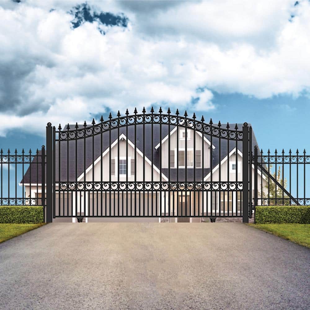 ALEKO 21 ft. x 6 ft. x 16 ft. Black Steel Single Sliding Driveway Gate London Style with Pedestrian Gate 5 ft. Fence Gate