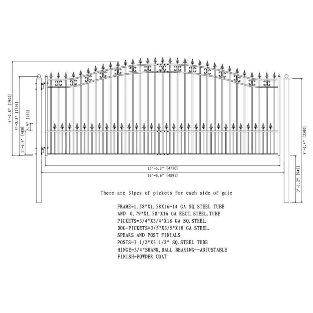 ALEKO St. Louis 16 ft. x 6 ft. Black Steel Single Swing Driveway Fence Gate