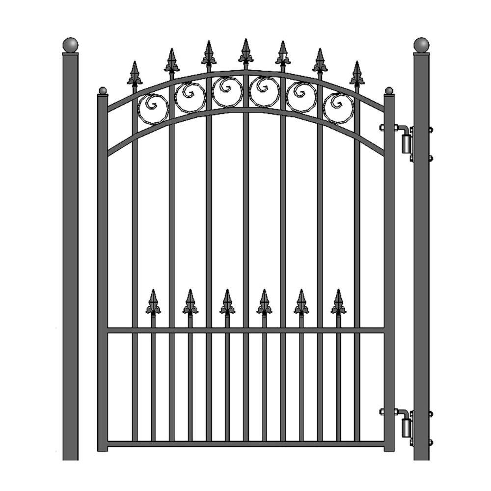 ALEKO 23 ft. x 6 ft. x 18 ft. Black Steel Single Sliding Driveway Gate Prague Style with Pedestrian Gate 5 ft. Fence Gate