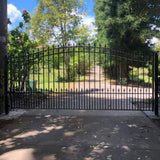 ALEKO 23 ft. x 6 ft. x 18 ft. Black Steel Single Sliding Driveway Gate Prague Style with Pedestrian Gate 5 ft. Fence Gate