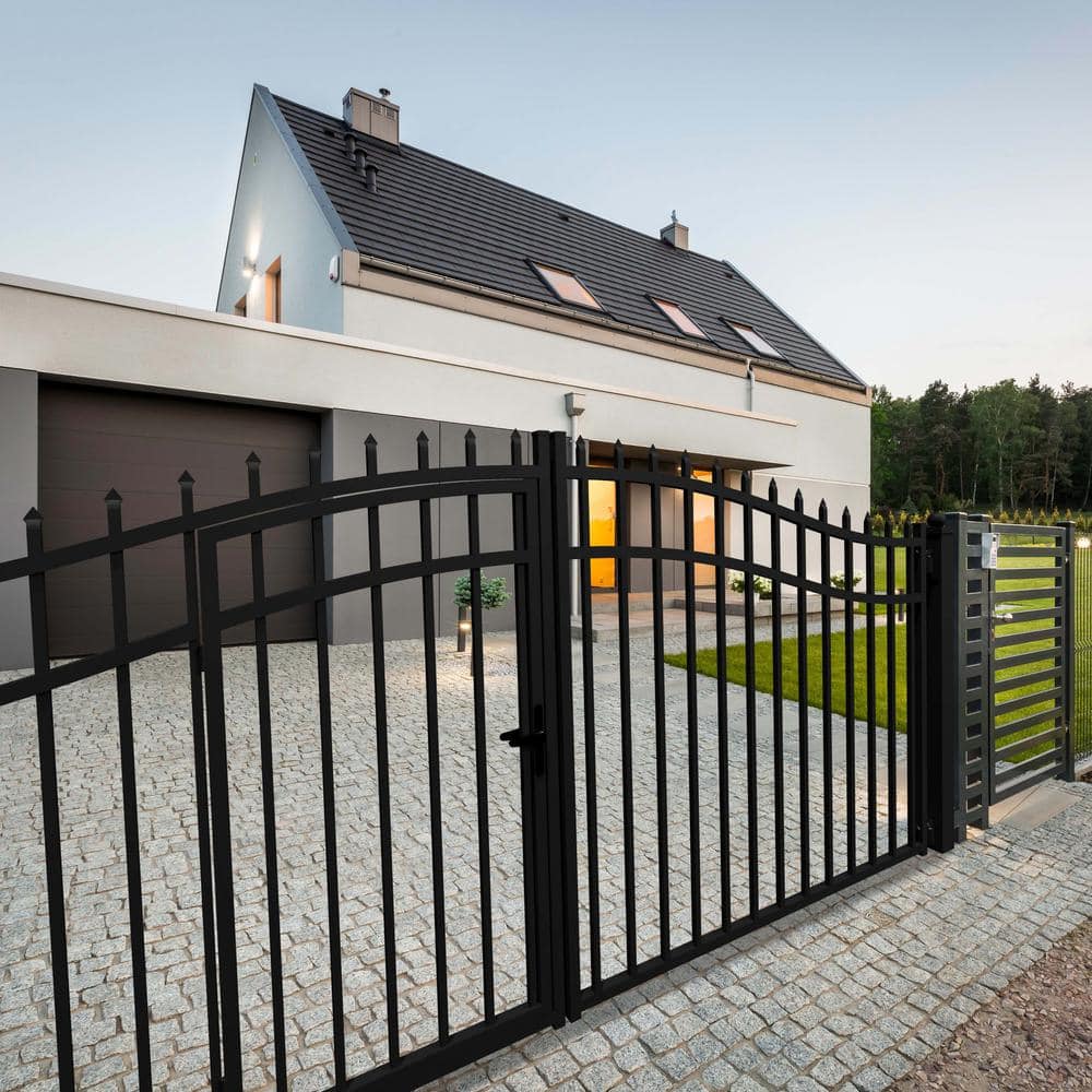 ALEKO Vienna Style 14 ft. x 7 ft. with Pedestrian Gate Black Steel Swing Dual Driveway Fence Gate