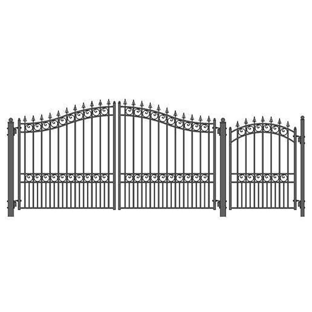 ALEKO 17 ft. x 6 ft. Black Steel Dual Swing Driveway Gate London Style 12 ft. with Pedestrian Gate 5 ft. Fence Gate