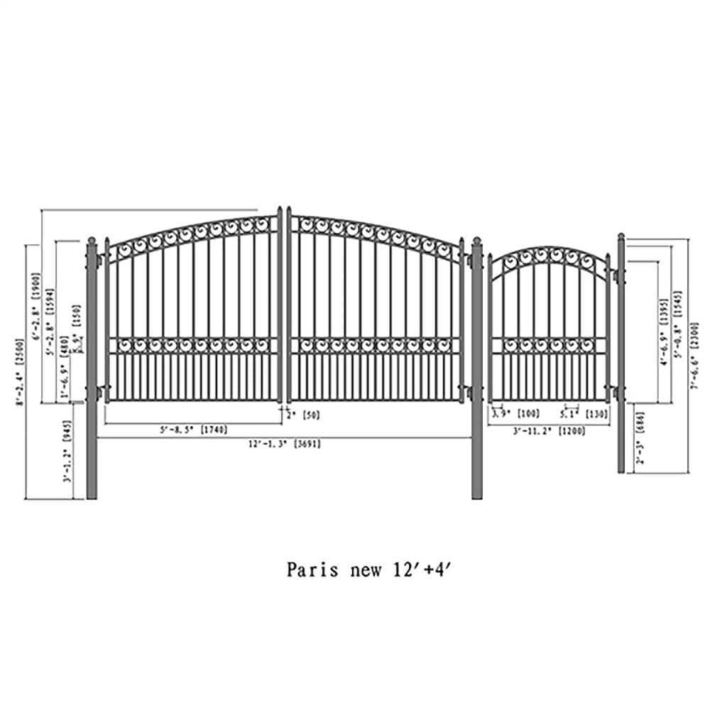 ALEKO 17 ft. x 6 ft. Black Steel Dual Swing Driveway Gate Paris Style 12 ft. with Pedestrian Gate 5 ft. Fence Gate