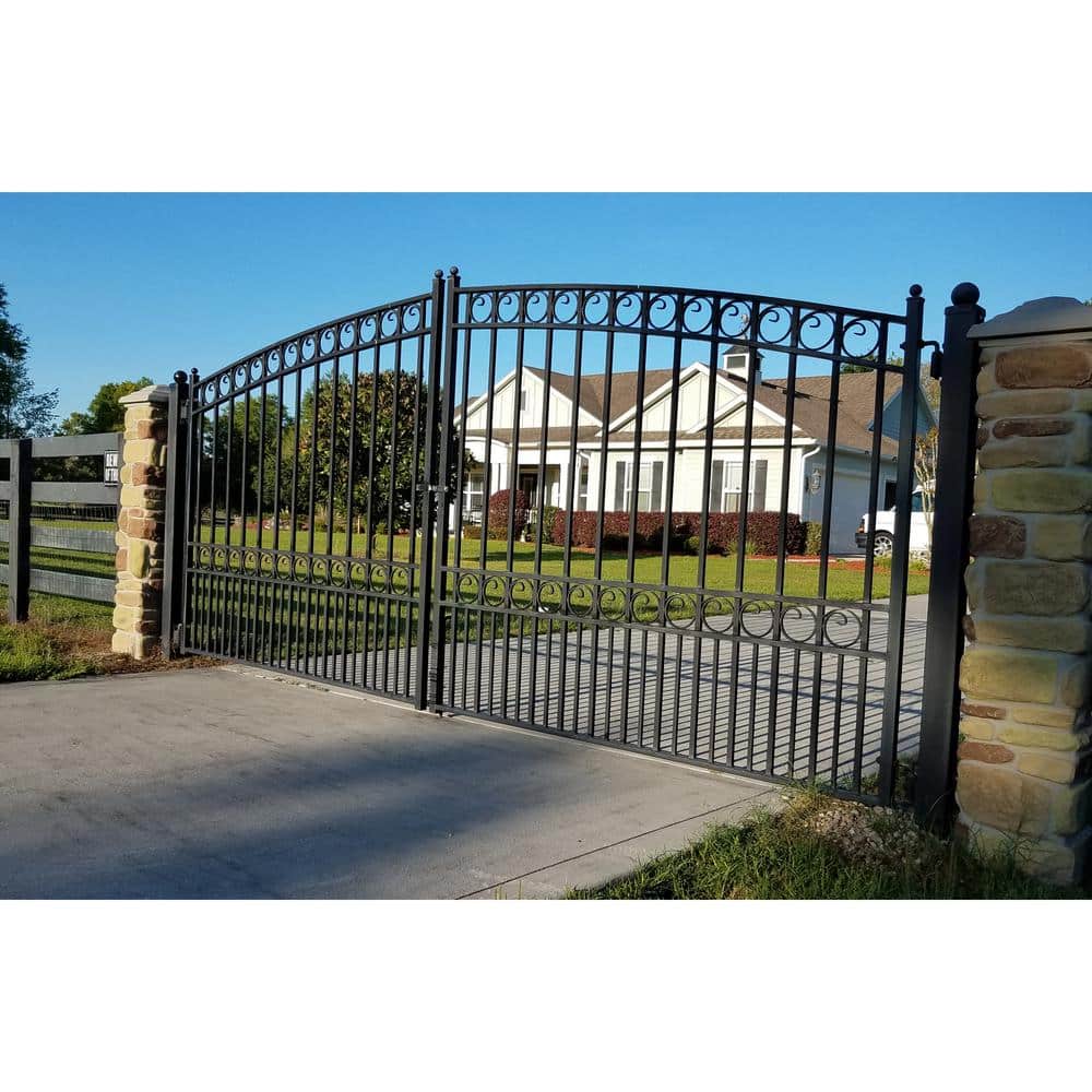ALEKO 17 ft. x 6 ft. Black Steel Dual Swing Driveway Gate Paris Style 12 ft. with Pedestrian Gate 5 ft. Fence Gate