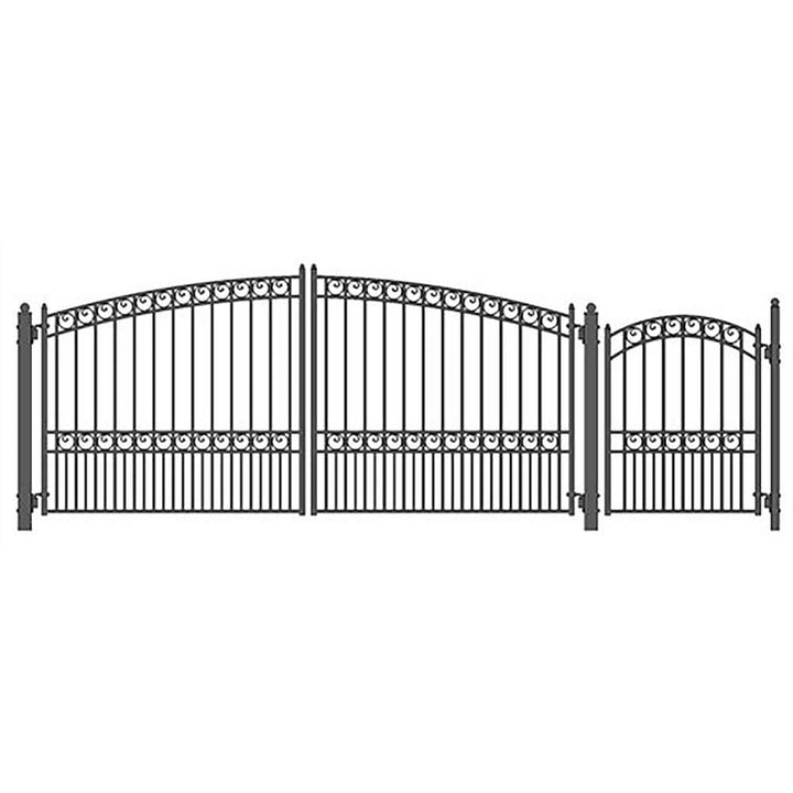 ALEKO 17 ft. x 6 ft. Black Steel Dual Swing Driveway Gate Paris Style 12 ft. with Pedestrian Gate 5 ft. Fence Gate