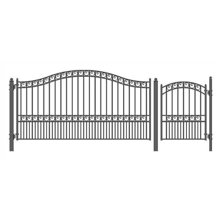 ALEKO 17 ft. x 6 ft. Black Steel Single Swing Driveway Gate Paris Style 12 ft. with Pedestrian Gate 5 ft. Fence Gate