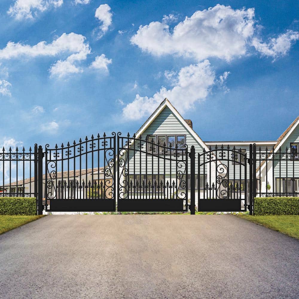 ALEKO 17 ft. x 6 ft. Black Steel Dual Swing Driveway Gate Venice Style 12 ft. with Pedestrian Gate 5 ft. Fence Gate