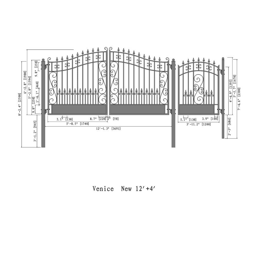 ALEKO 17 ft. x 6 ft. Black Steel Dual Swing Driveway Gate Venice Style 12 ft. with Pedestrian Gate 5 ft. Fence Gate