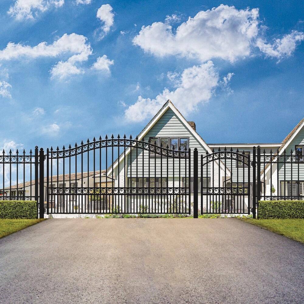 ALEKO 19 ft. x 6 ft. Black Steel Single Swing Driveway Gate London Style 14 ft. with Pedestrian Gate 5 ft. Fence Gate