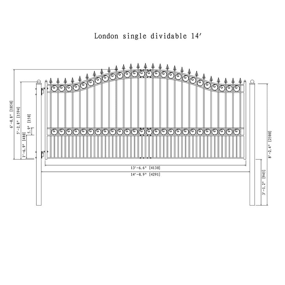ALEKO 19 ft. x 6 ft. Black Steel Single Swing Driveway Gate London Style 14 ft. with Pedestrian Gate 5 ft. Fence Gate