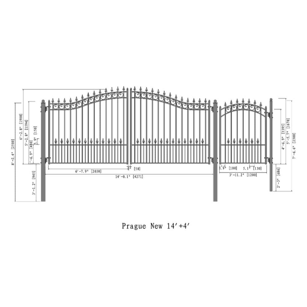 ALEKO Prague Style 14 ft. x 6 ft. with Pedestrian Gate Black Steel Swing Dual Driveway Fence Gate