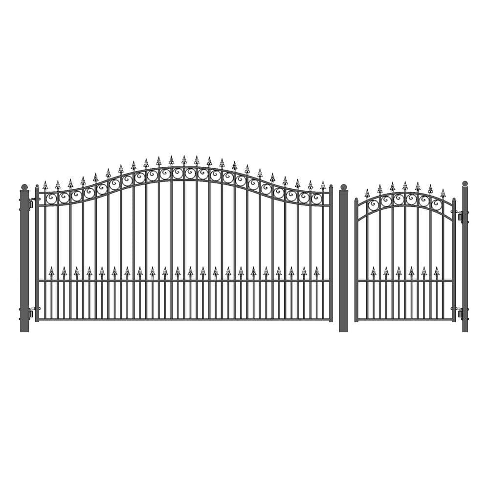 ALEKO 19 ft. x 14 ft. x 6 ft. x 5 ft. Black Steel Single Swing Driveway Gate Prague Style with Pedestrian Gate Fence Gate