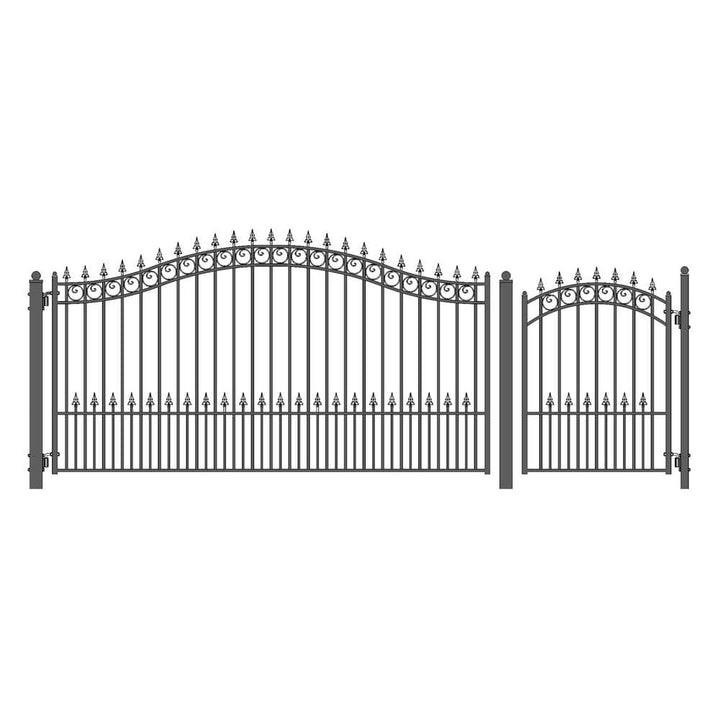 ALEKO 19 ft. x 14 ft. x 6 ft. x 5 ft. Black Steel Single Swing Driveway Gate Prague Style with Pedestrian Gate Fence Gate