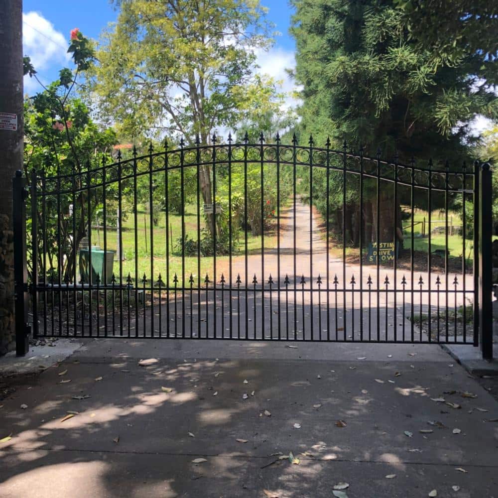 ALEKO 19 ft. x 14 ft. x 6 ft. x 5 ft. Black Steel Single Swing Driveway Gate Prague Style with Pedestrian Gate Fence Gate