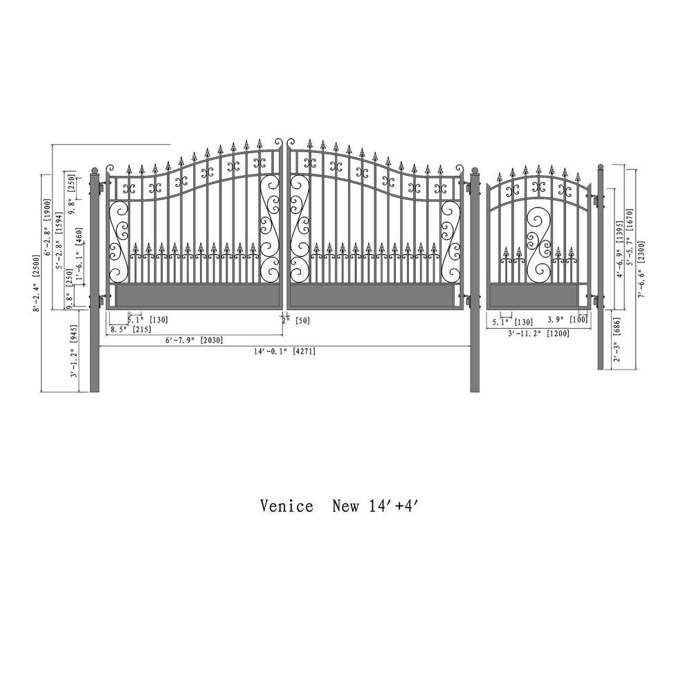 ALEKO 19 ft. x 14 ft. x 6 ft. x 5 ft. Black Steel Dual Swing Driveway Gate Venice Style with Pedestrian Gate Fence Gate