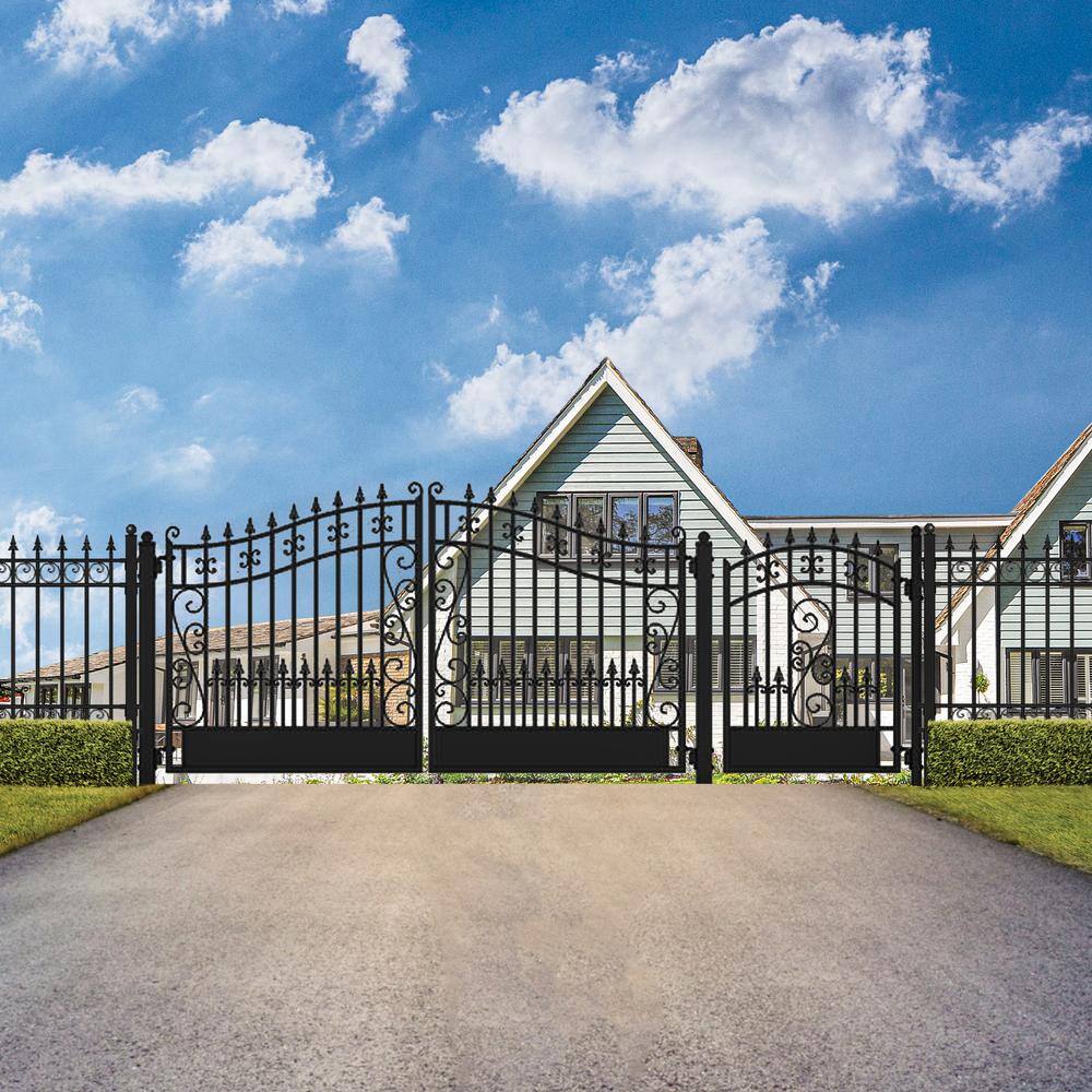 ALEKO 19 ft. x 14 ft. x 6 ft. x 5 ft. Black Steel Dual Swing Driveway Gate Venice Style with Pedestrian Gate Fence Gate