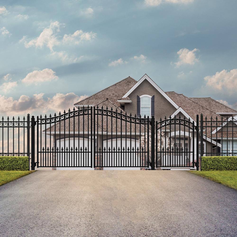 ALEKO Prague Style 16 ft. x 6 ft. with Pedestrian Gate Black Steel Swing Dual Driveway Fence Gate