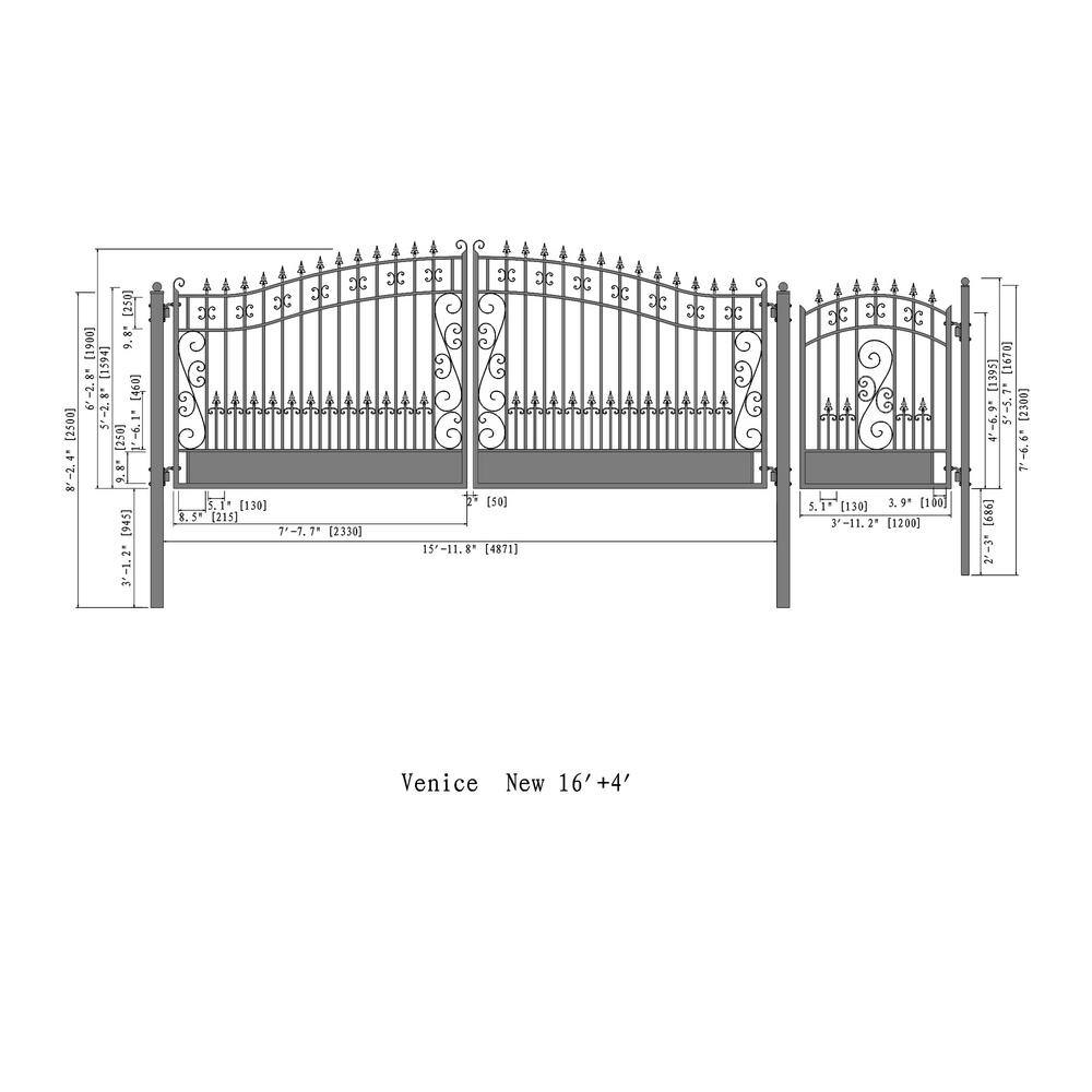 ALEKO 21 ft. x 6 ft. Black Steel Dual Swing Driveway Gate Venice Style 16 ft. with Pedestrian Gate 5 ft. Fence Gate
