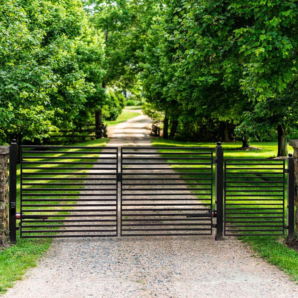 ALEKO 23 ft. x 6 ft. Black Steel Dual Swing Driveway Gate Milan Style 18 ft. with Pedestrian Gate 5 ft. Fence Gate