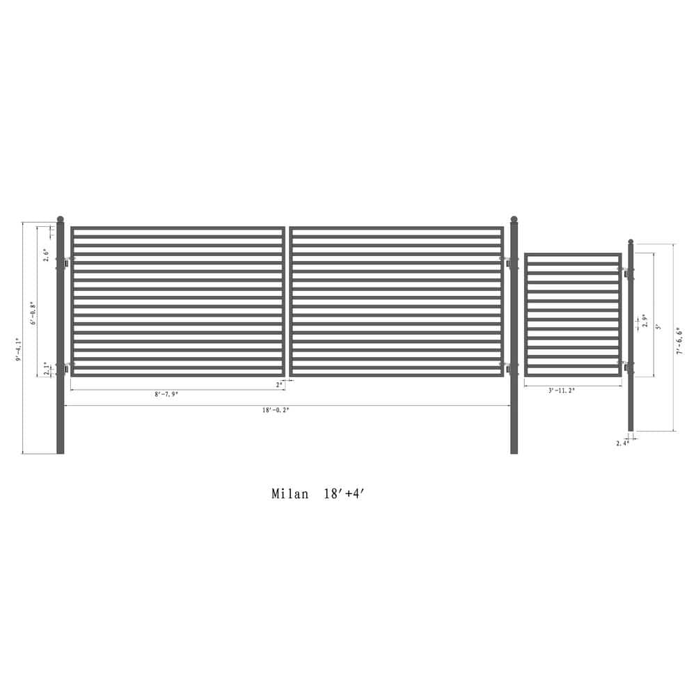 ALEKO 23 ft. x 6 ft. Black Steel Dual Swing Driveway Gate Milan Style 18 ft. with Pedestrian Gate 5 ft. Fence Gate