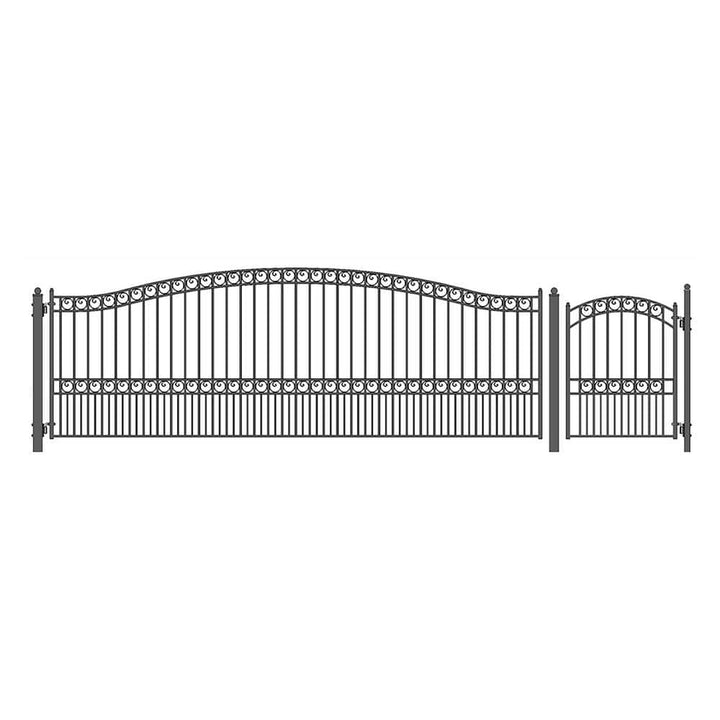 ALEKO 23 ft. x 6 ft. Black Steel Dual Swing Driveway Gate PARIS Style 18 ft. with Pedestrian Gate 5 ft. Fence Gate