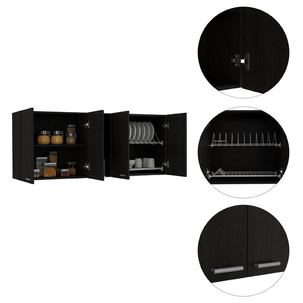 Amucolo 59.05 in. W x 12.4 in. D x 23.62 in. H Black Wood Ready to Assemble Wall Kitchen Cabinet with Shelves and Four Doors