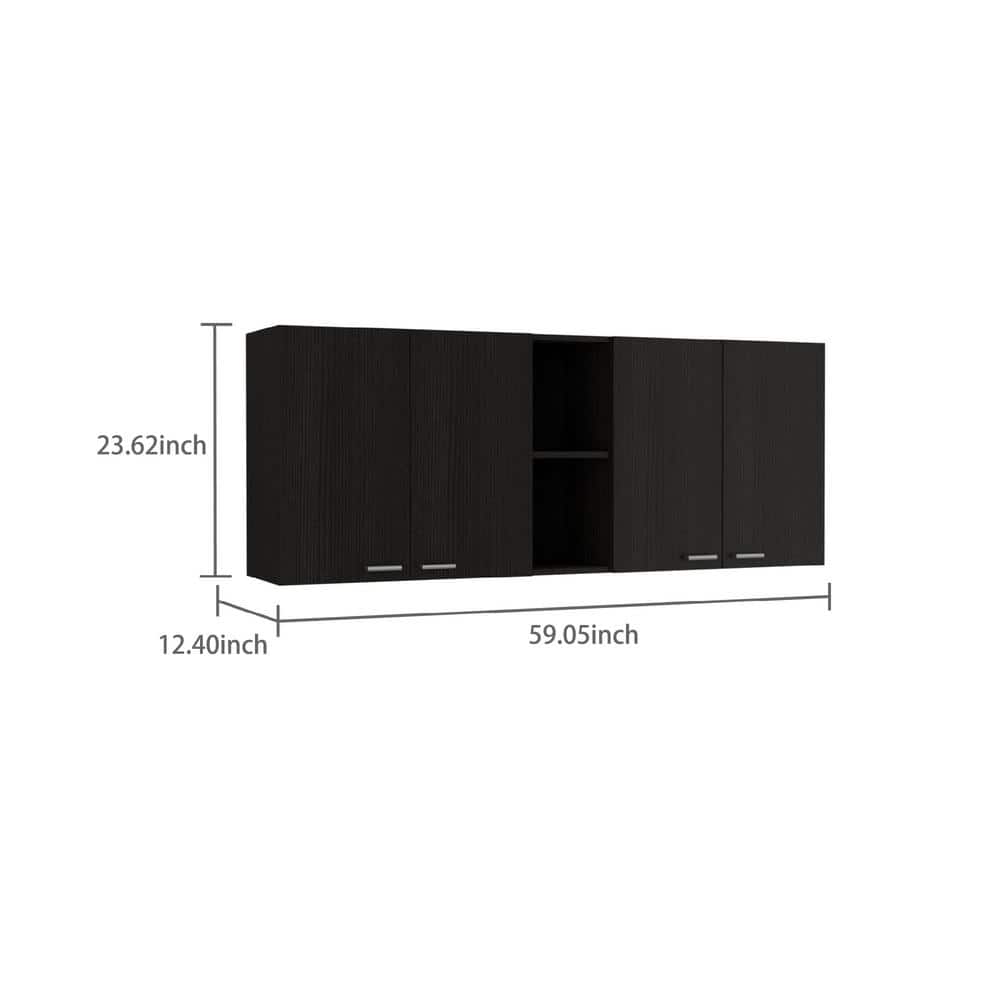 Amucolo 59.05 in. W x 12.4 in. D x 23.62 in. H Black Wood Ready to Assemble Wall Kitchen Cabinet with Shelves and Four Doors