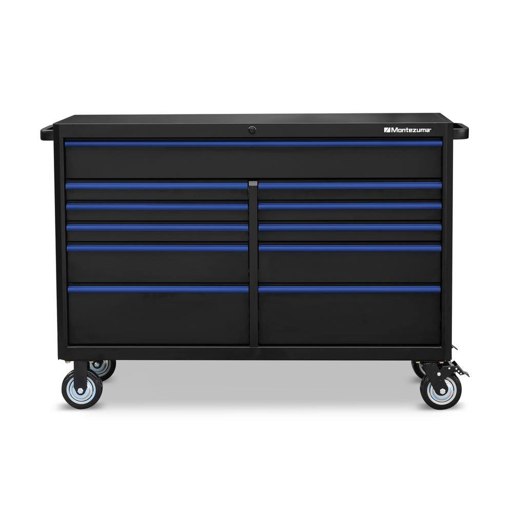 Montezuma 56 in. W x 24 in. D 11-Drawer Roller Cabinet Tool Chest with Power and USB Outlets in Black and Blue