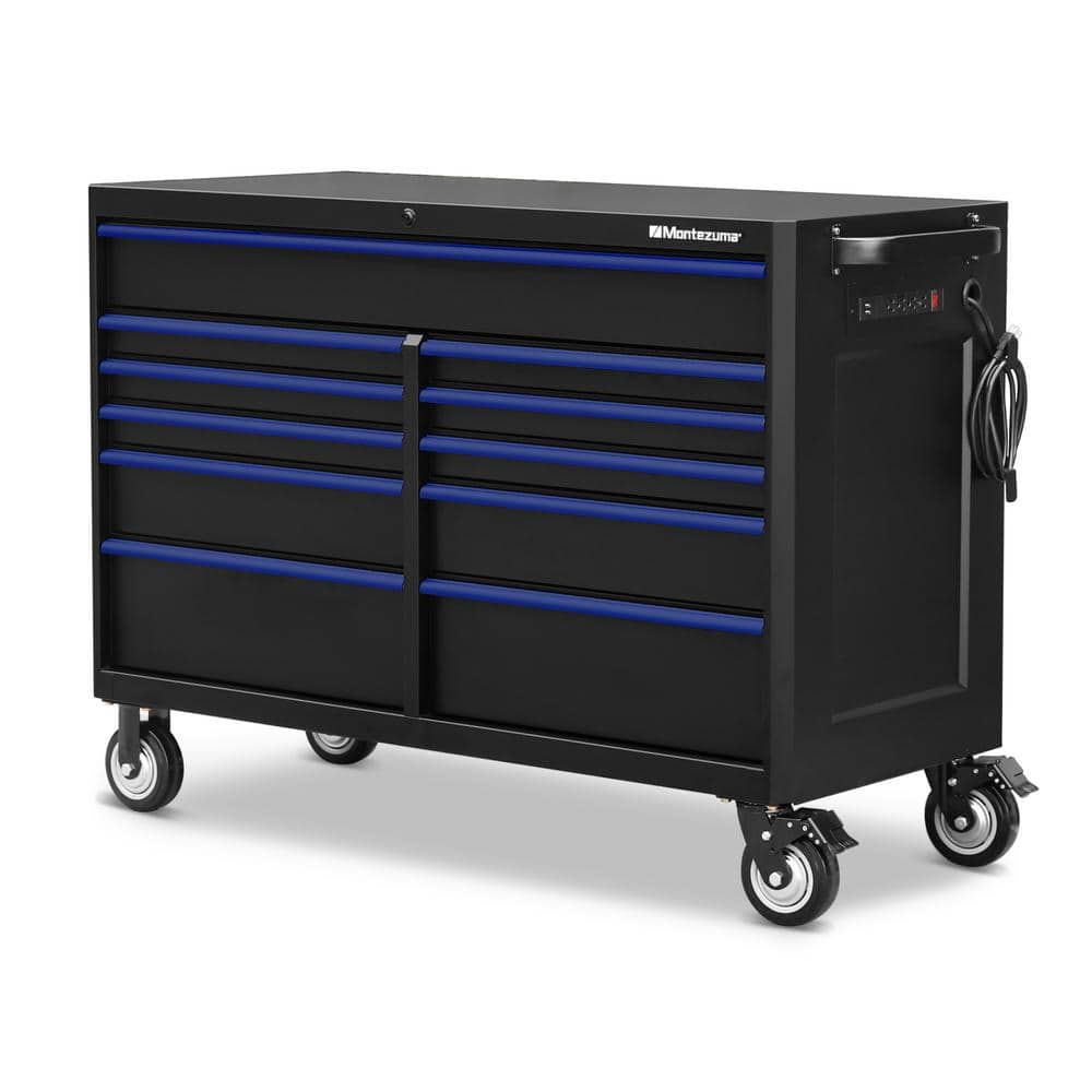 Montezuma 56 in. W x 24 in. D 11-Drawer Roller Cabinet Tool Chest with Power and USB Outlets in Black and Blue