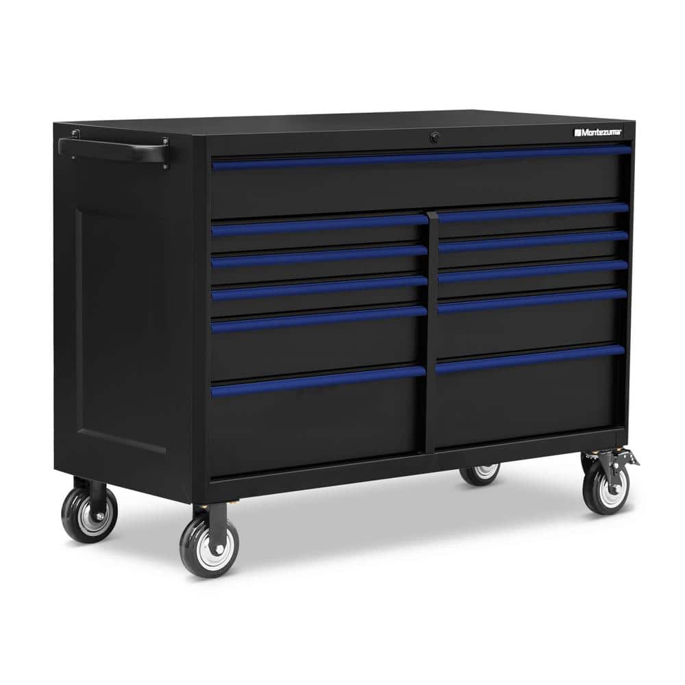Montezuma 56 in. W x 24 in. D 11-Drawer Roller Cabinet Tool Chest with Power and USB Outlets in Black and Blue