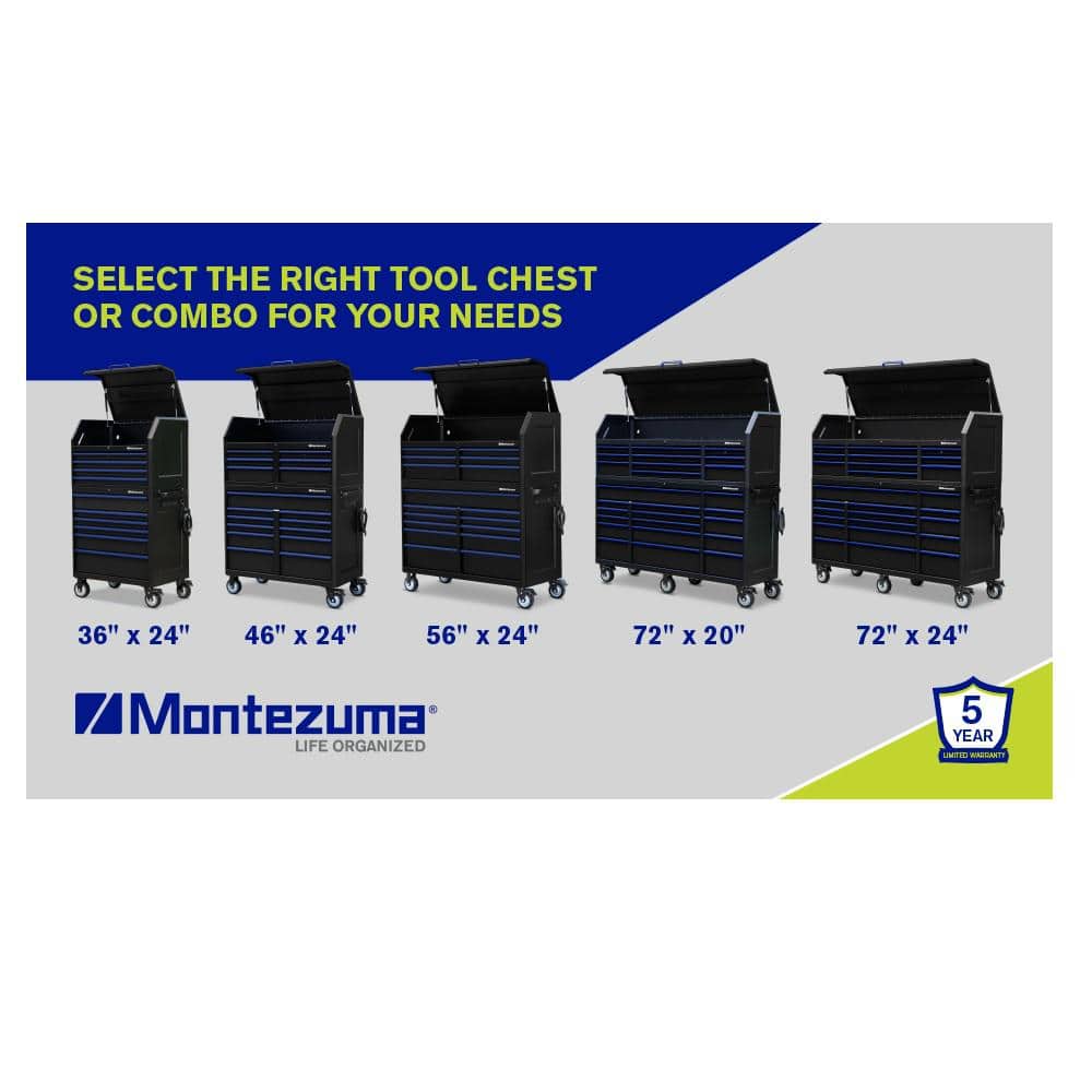 Montezuma 56 in. W x 24 in. D 11-Drawer Roller Cabinet Tool Chest with Power and USB Outlets in Black and Blue