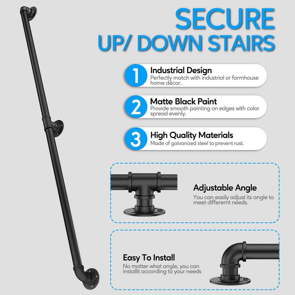 Angel Sar 4 ft. Black Metal Pipe Stair Handrail for Indoor and Outdoor Wall Mount Support