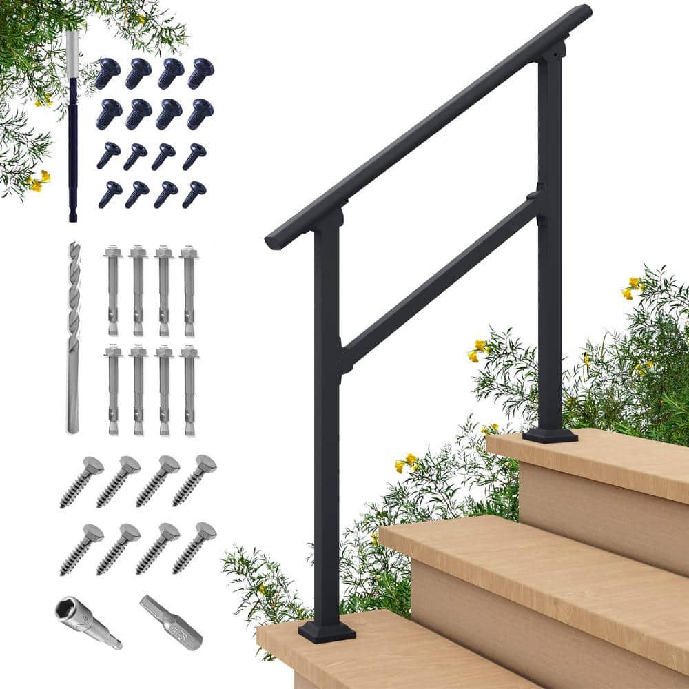 Angel Sar 4 ft. Black Iron 4 Step Handrail, Stair Railing Kit for Porch Railing and Deck Hand Rail Fence