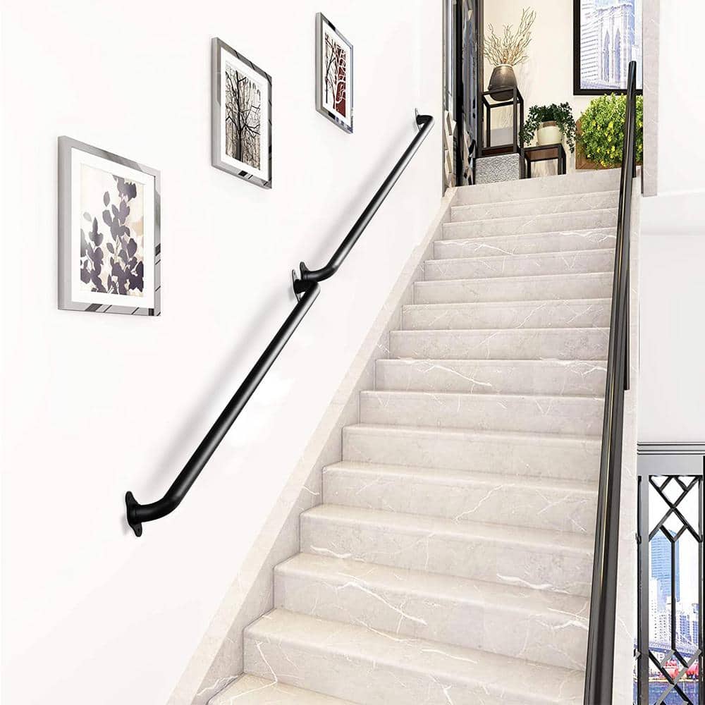 Angel Sar 4 ft. Matte Black Metal Industrial Pipe Wall Handrail, Pipe Barn Door Pull Handle for Indoor and Outdoor Deck Hand Rail