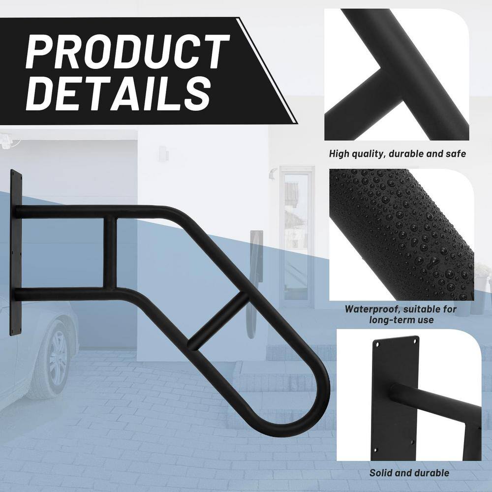 Angel Sar 1.9 ft. Matte Black Metal 1-Step to 3-Step Handrail Outdoor Steps Wall Mount for Kids, Elderly, Pregnant Women, Disabled