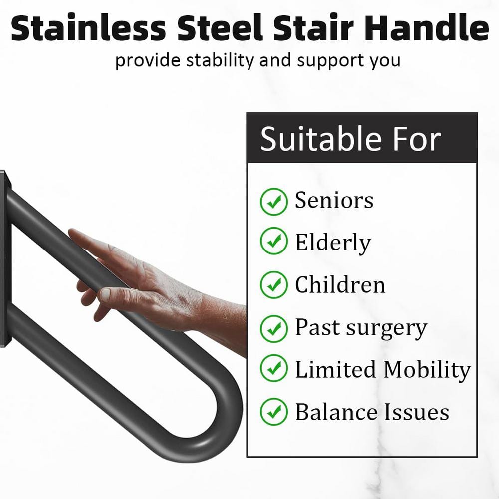 Angel Sar 1.33 ft. Black Metal Heavy-Duty Hand Rails, Non-Slip, 1-2 Step Wall-Mounted Grab Bars for Outdoor Steps