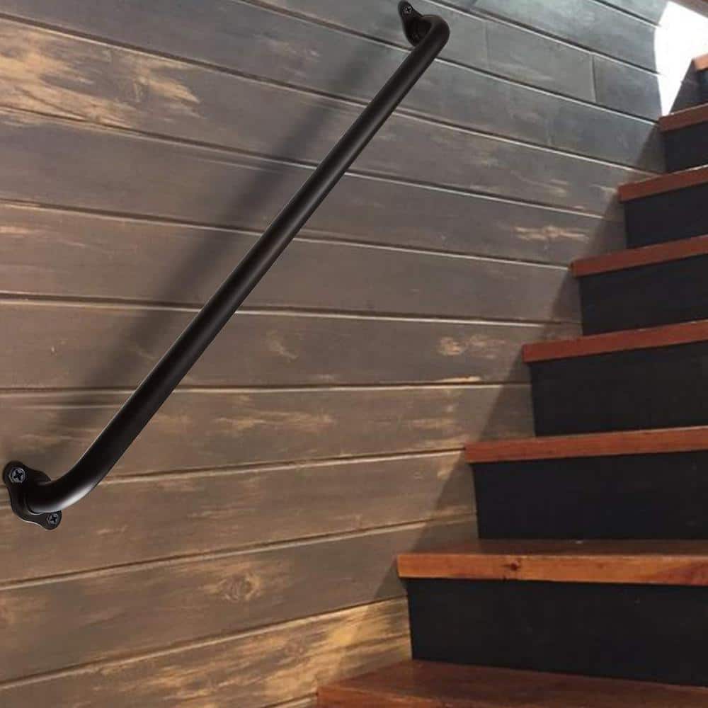 Angel Sar 3 ft. Matte Black Metal Industrial Pipe Wall Handrail, Pipe Barn Door Pull Handle for Indoor and Outdoor Deck Hand Rail