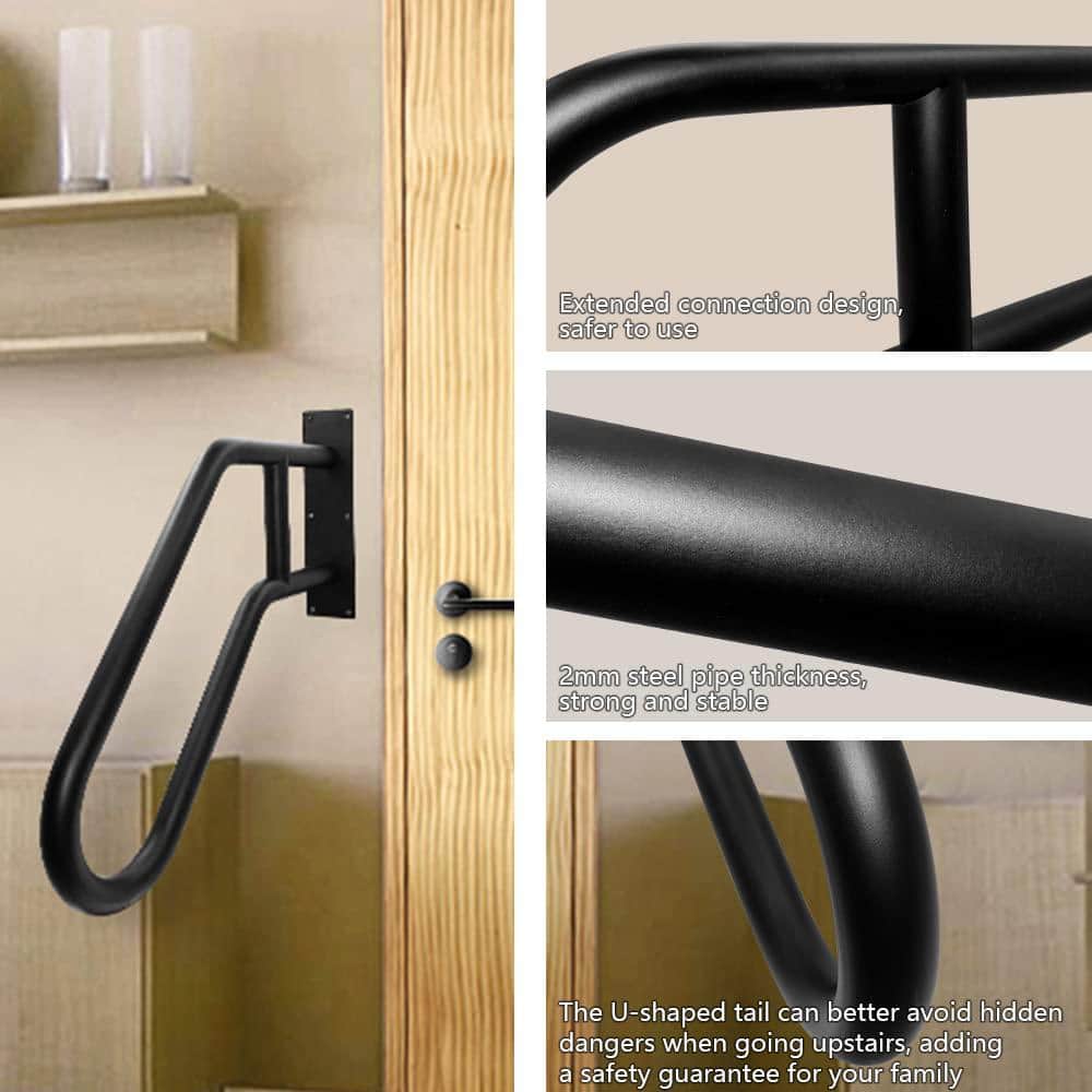 Angel Sar 2.17 ft. Black Metal 1-3 Step Handrail, Outdoor Steps Wall Mount for Kids, Elderly, Pregnant Women, Disabled