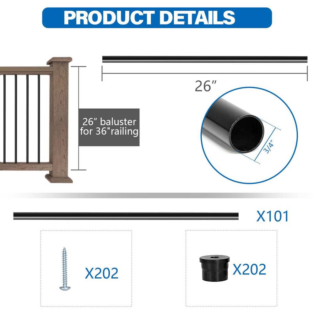 Angel Sar 26 in. Deck Balusters, Hollow Round Aluminum Balusters for Deck Railing (101-Pack)