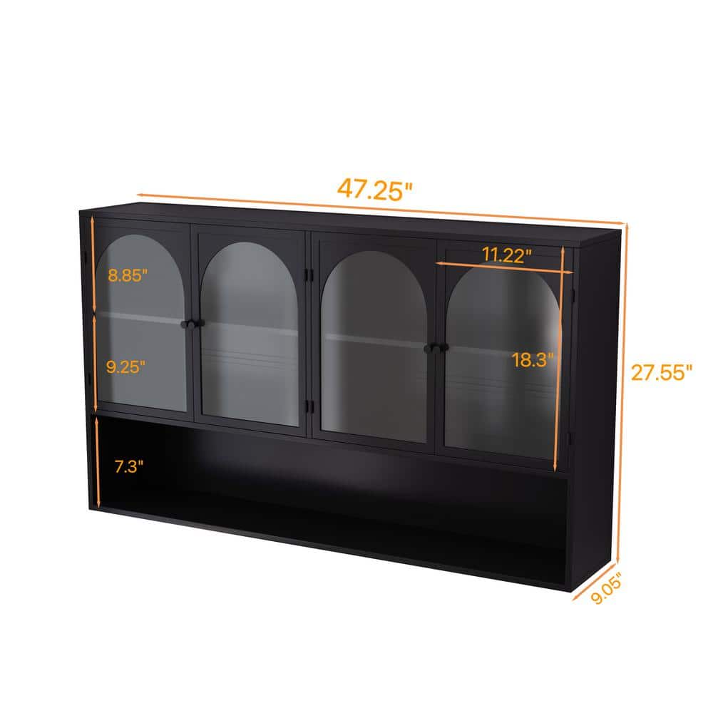 Aoibox 9.05-in W x 47.25-in D x 27.55-in H Glass Metal Ready to Assemble Upper Wall Mounted Four-Door Kitchen Cabinet in Black