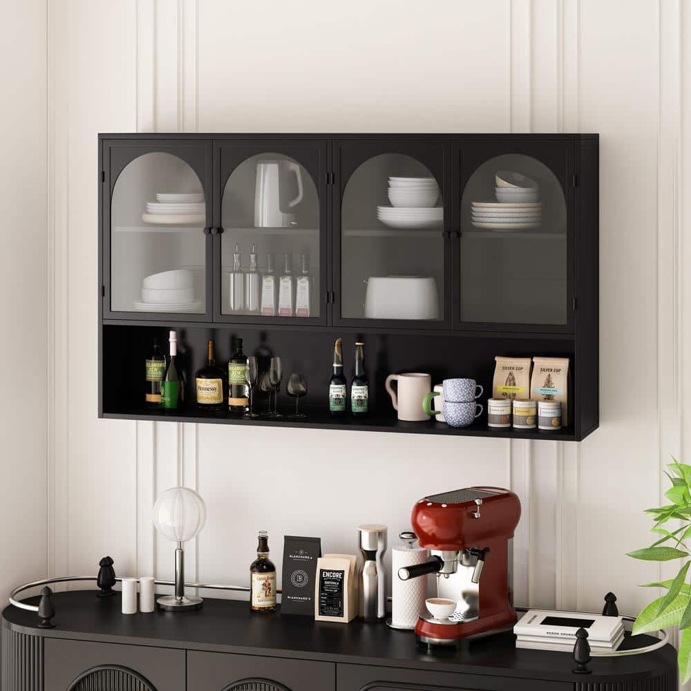 Aoibox 9.05-in W x 47.25-in D x 27.55-in H Glass Metal Ready to Assemble Upper Wall Mounted Four-Door Kitchen Cabinet in Black