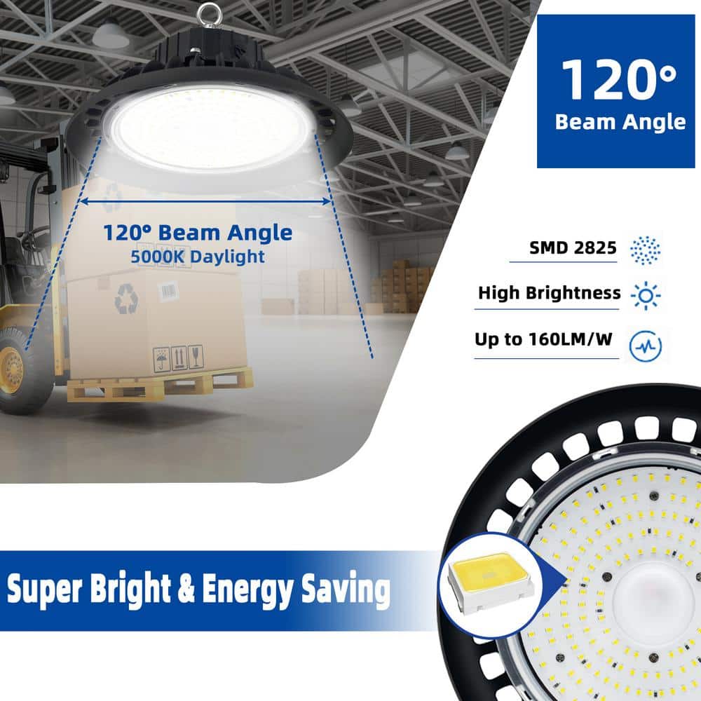 Bieuoram 200-Watt Integrated LED Dimmable Balck High Bay Light 32000LM 5000K Daylight Commercial UFO High Bay Light IP65 (3Pack)