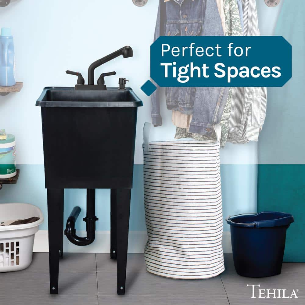 TEHILA 17.75 in. x 23.25 in. Thermoplastic Utility Sink in Black with Faucet and Soap Dispenser