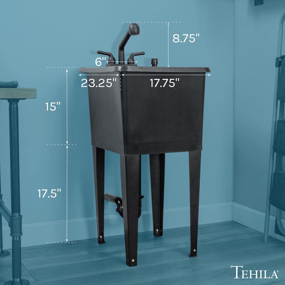TEHILA 17.75 in. x 23.25 in. Thermoplastic Utility Sink in Black with Faucet and Soap Dispenser